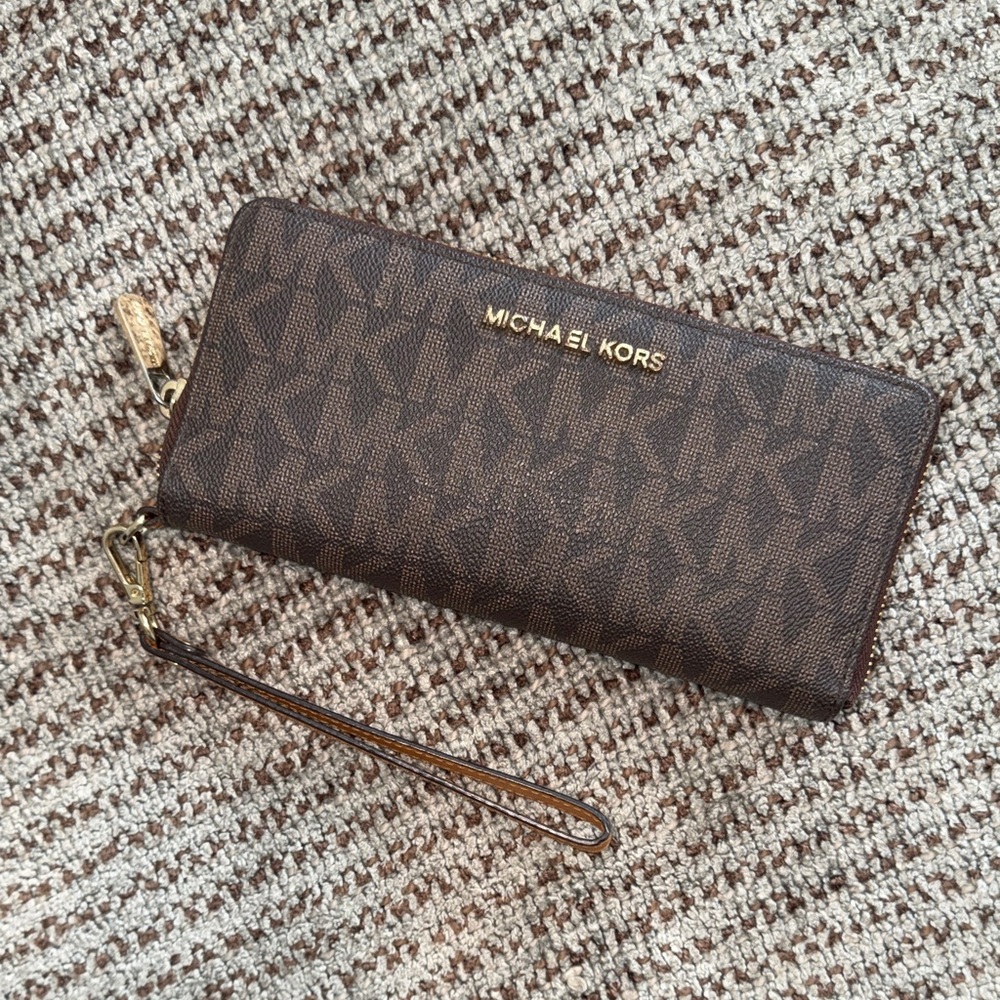Michael Kors Brown and Gold MK Logo Zip Wristlet Wallet